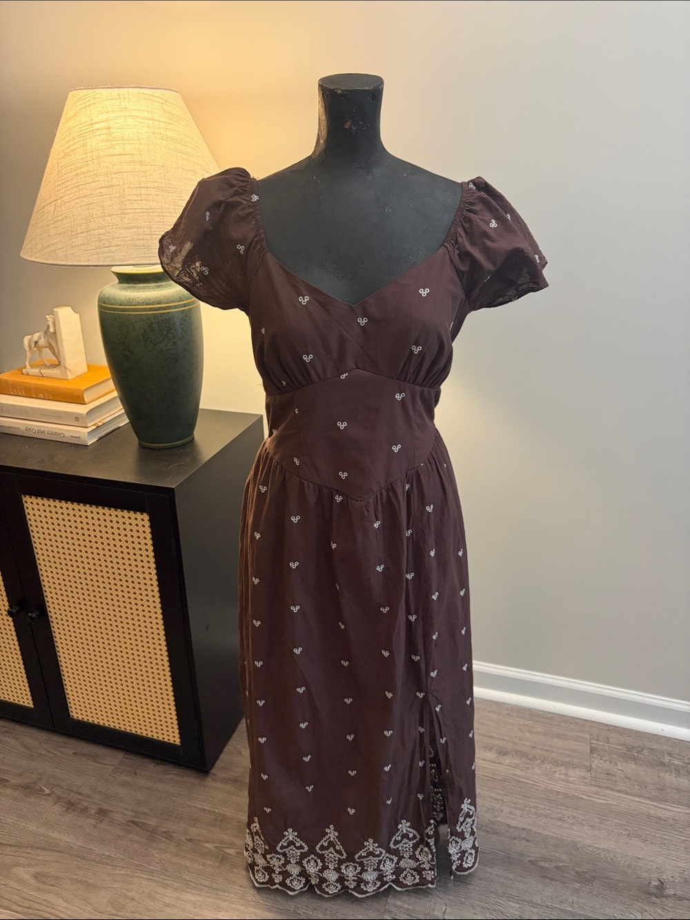 Liberty Love Western Autumn Wedding Brown Cotton Embroidered Midi Dress Large